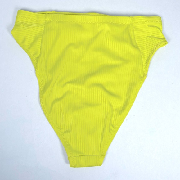 High Waisted Swim Bottoms Ribbed Tie Neon Green Yellow - Picture 2 of 3